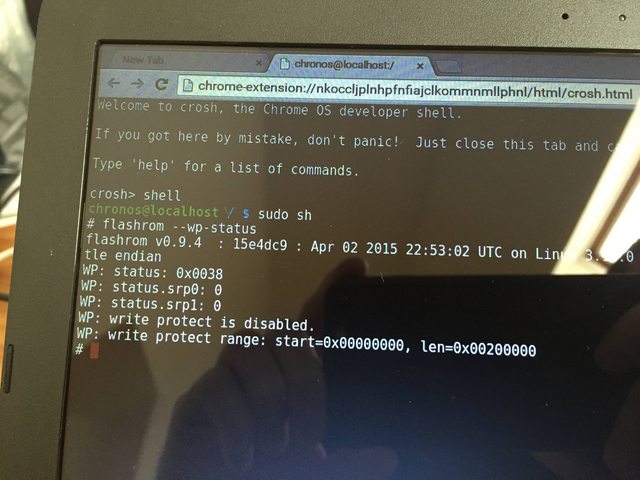 Asus c201 chromebook in crosh terminal, WP command activated - Try loading this page on another device or internet connection